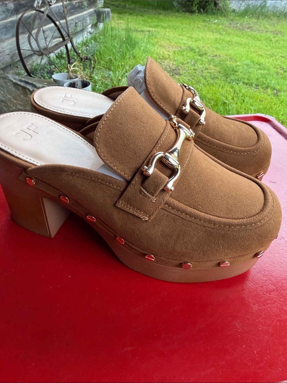 JustFab Brown Suede Platform Clog Mules with Gold Bit - Picture 8 of 11